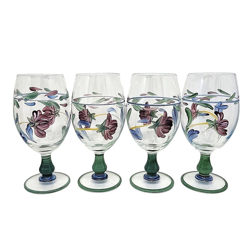 Lenox Chinastone Poppies On Blue Hand Painted Goblet Glassware Bundle of 4